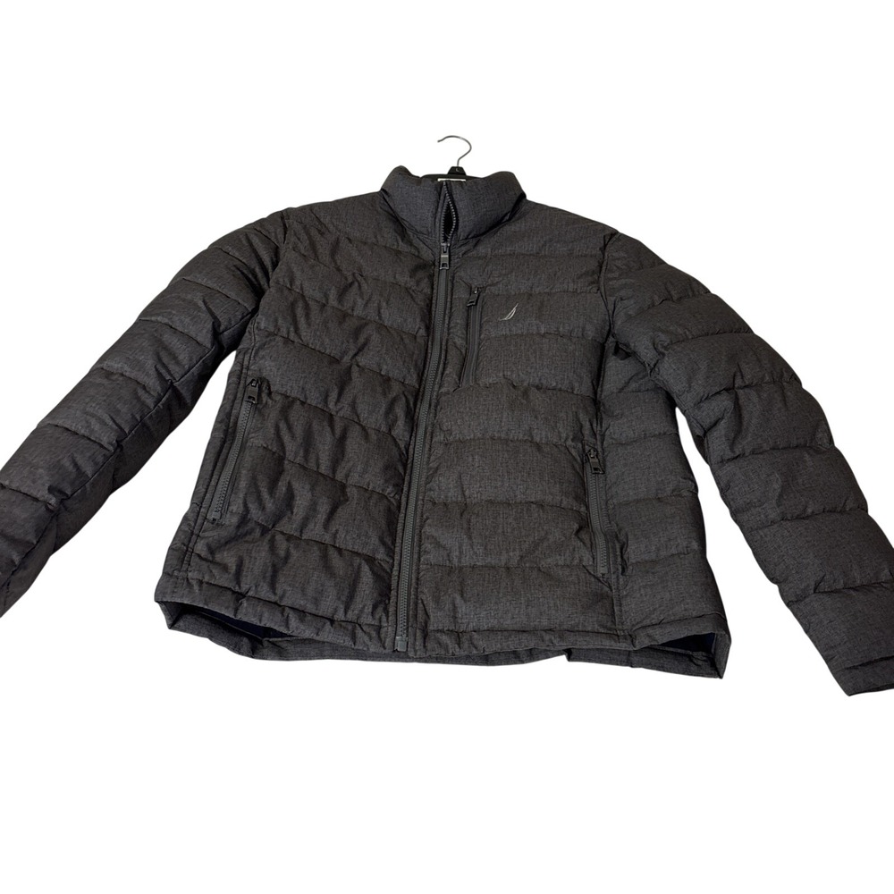 Y2K Nautica Puffer Jacket Mens M Gray Quilted Water Resistant Full Zip Coat